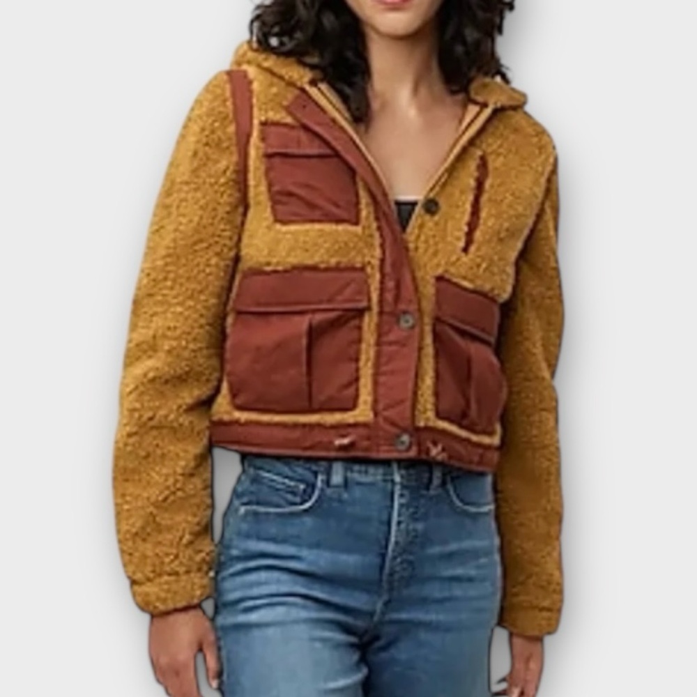 NEW UpWest Cropped Hoodie Jacket Womens Medium Brown Rust Two Tone Teddy Fleece